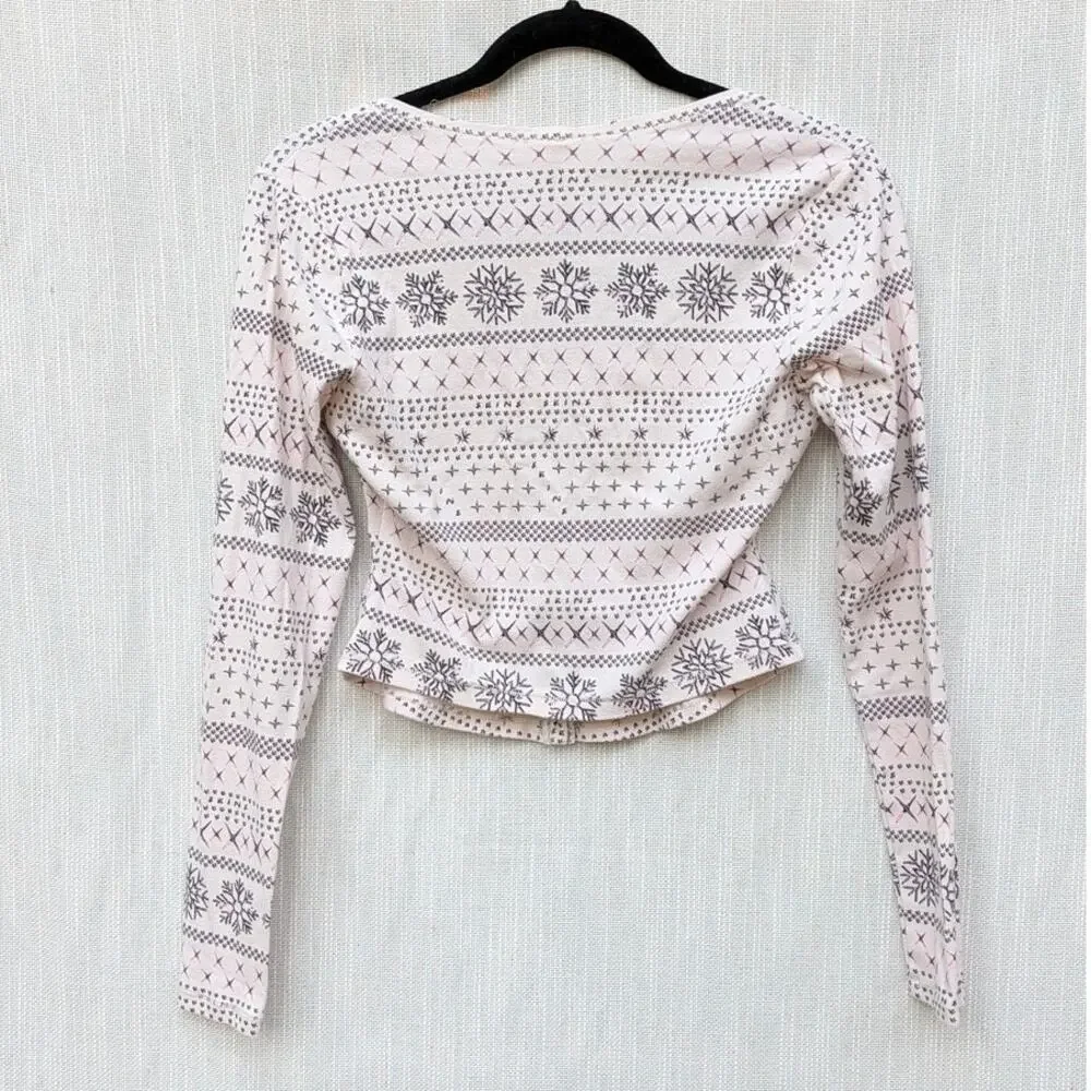 SKIMS Logo Plush Pointelle Henley Pullover Womens L Cream Fair Isle Long Sleeve